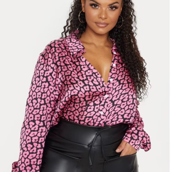 PrettyLittleThing Tops - COPY - Plus Bright Pink Leopard Print Oversized Shirt ( Large)